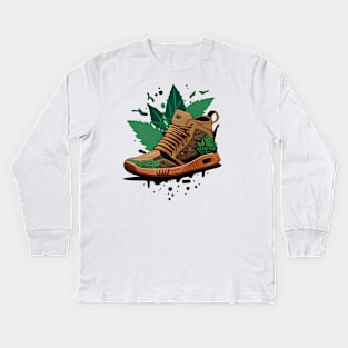 Step Up Your Fashion Game with Greenbubble's Cartoon Style Sneaker with Plant in Brown Kids Long Sleeve T-Shirt